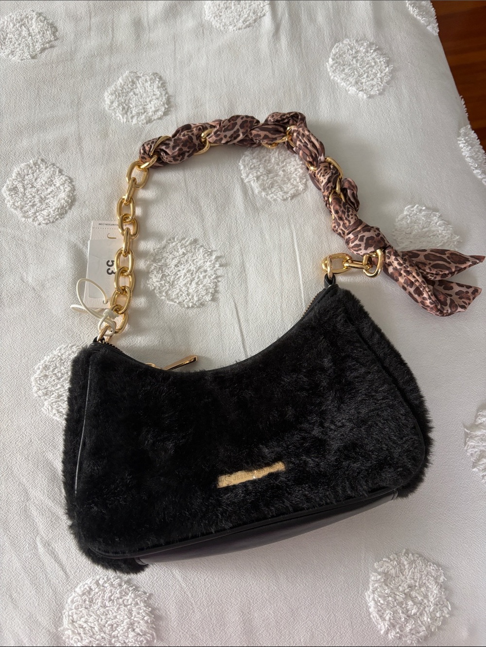 Jessica Simpson Black Faux Fur Shoulder Bag with Leopard-Print Chain Scarf